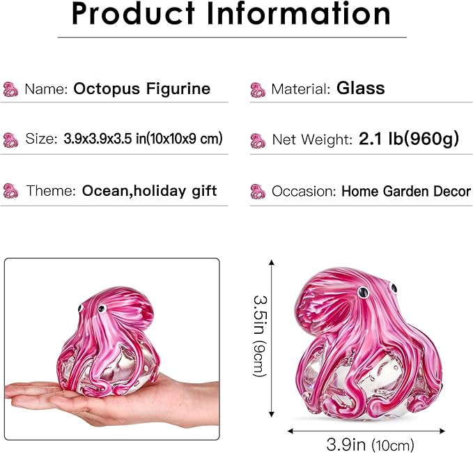 EUSTUMA Hand Blown Glass Octopus Figurine Ornament,Sea Animal Ornament for Fish Tank Aquarium,Sea Animals Collection for Birthday Gift,Glass Office Paperweight for Desk.