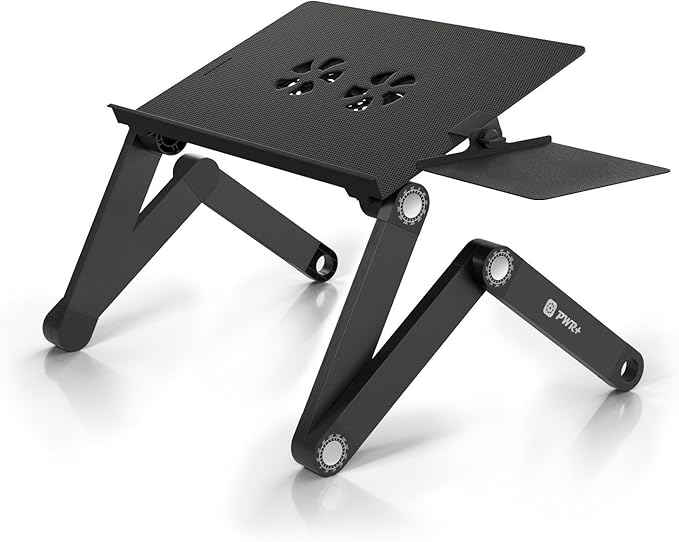 PWR+ Laptop Table Stand Adjustable Riser: Portable with Mouse Pad Fully Ergonomic Mount Ultrabook MacBook Gaming Notebook Light Weight Aluminum Black Bed Tray Desk Book Fans Up to 17 inch
