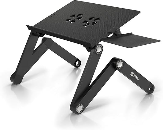 PWR+ Laptop Table Stand Adjustable Riser: Portable with Mouse Pad Fully Ergonomic Mount Ultrabook MacBook Gaming Notebook Light Weight Aluminum Black Bed Tray Desk Book Fans Up to 17 inch