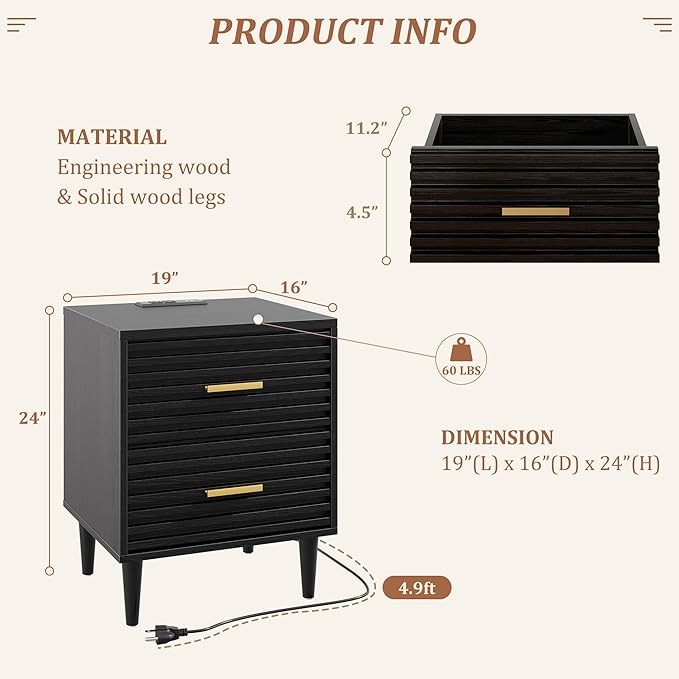 Alohappy Night Stand with Charging Station Set of 2, Bedside Table with 2 Drawers, Mid Century Modern End Table, Bed Side Table with USB Ports and Outlets, Nightstand for Bedroom, Black 2pcs