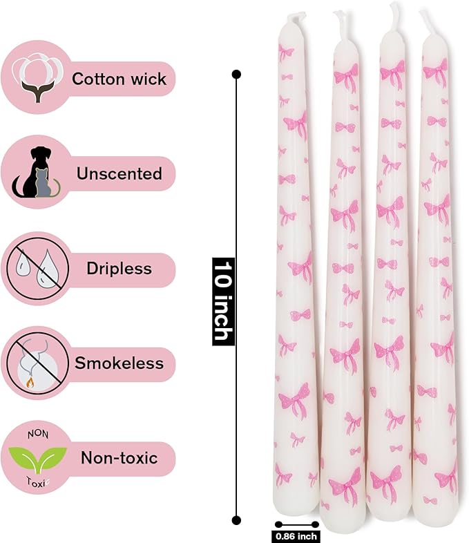 Birthday Bowknot Candles 4 Pcs Unscented, Smokeless, Dripless Long Tapered Candlesticks Candles for Birthday Dinner Dating Wedding Party Home Decor