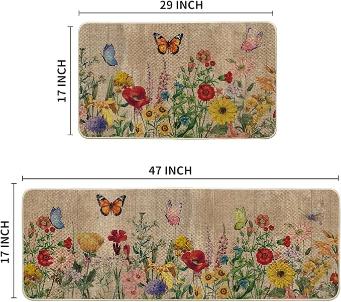 Artoid Mode Wood Flowers Butterfly Spring Kitchen Mats Set of 2, Seasonal Home Decor Leaves Low-Profile Kitchen Rugs for Floor - 17x29 and 17x47 Inch