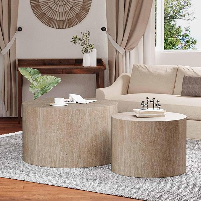 Modern Round Wooden Nesting Coffee Table Set of 2 Circle Tables with Non-Slip Feet, Accent Side End Table, Saving Space Design and No Need Assembly (B Large)