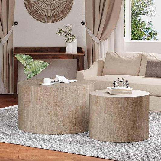 Modern Round Nesting Coffee Table Set of 2, Vertical Stripe Design Drum Coffee Table Cocktail Table, Round Side Table for Living Room, Bedroom, Office, Balcony (B19.68+26.77")
