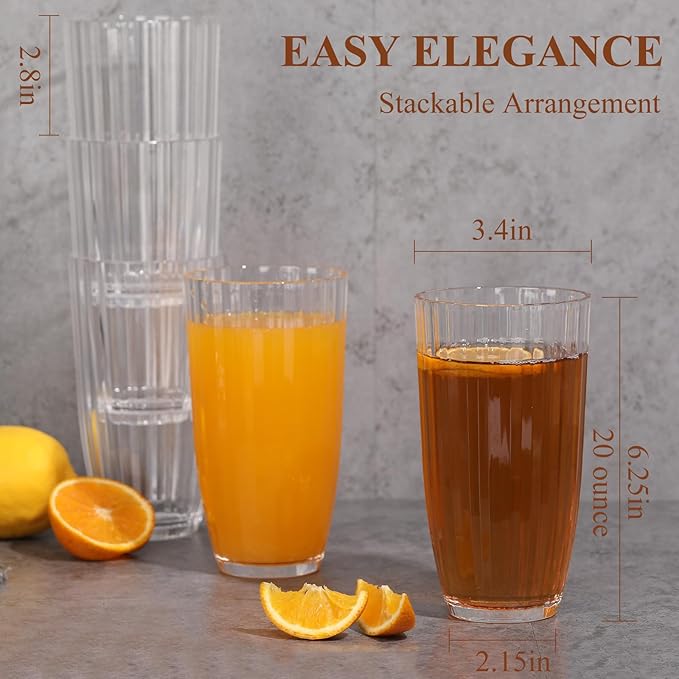 Acrylic Clear Highball Plastic Cups | Plastic Reusable Tumblers 20oz (Set of 6) | Stackable | BPA-free Tumblers | Shatterproof | Top-rack Dishwasher Safe