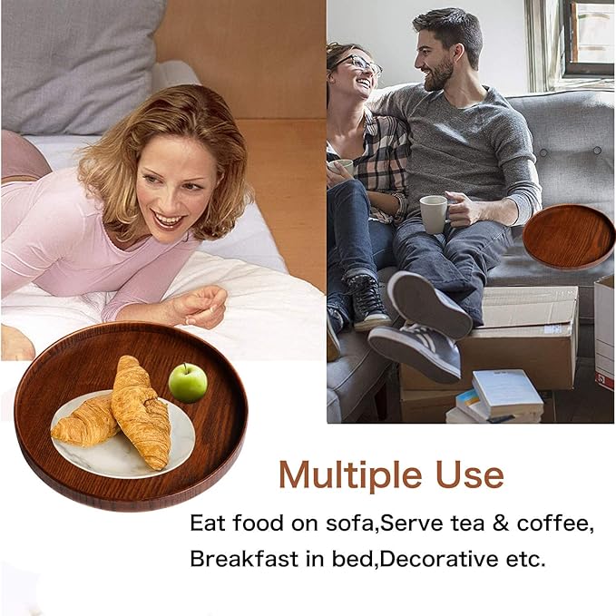 Solid Wood Serving Tray, Round Non-Slip Tea Coffee Snack Plate Food Meals Serving Tray with Raised Edges for Home Kitchen Restaurant (9.5inch, Brown)