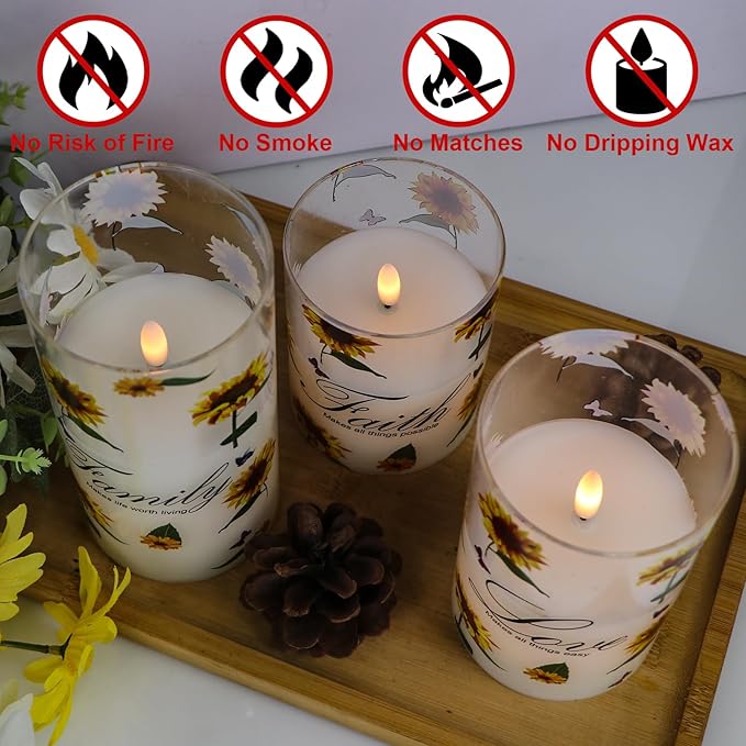 DRomance Sunflower Glass Flameless Candles Battery Operated with Remote and Timer LED Flickering Pillar Candles Real Wax 3D Wick Dinner Holiday Decor 3 x 4, 5, 6 Inches