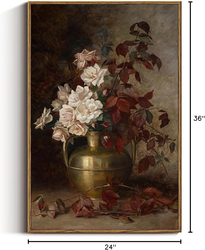 VIYYIEA Vintage Floral Large Framed Wall Art, Rose Bouquet Flower Paintings Decor Aesthetic, 24x36 Inch Canvas Print Artwork, Still Life Retro Wall Pictures for Bedroom Living Room