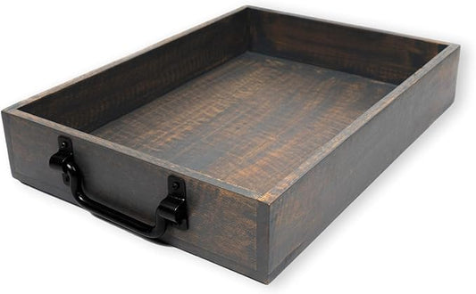 GoCraft Handmade Wooden Tray with Metal Handles – 15" x 11" x 2.5" Decorative Serving Tray in Grey Washed Finish – Versatile Tray for Breakfast in Bed, Lunch, Dinner, Appetizers, Coffee Table