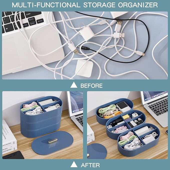 Yesesion Large Cable Organizer Box with Lid, Plastic Cord Management Case with 20pcs Wire Ties, Desk Drawer Tray for Home Office Supplies, Electronics, Chargers, Sticky Notes, Pens, Makeup (Blue)