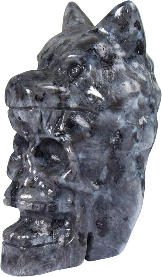 2.17 Inch Crystal Skull with Wolf Head Figurine Decor, Larvikite Skull with Wolf Head Statue Decor for Home Office Desk, Hand Carved Healing Crystal Animal Statues Gifts for Women Men