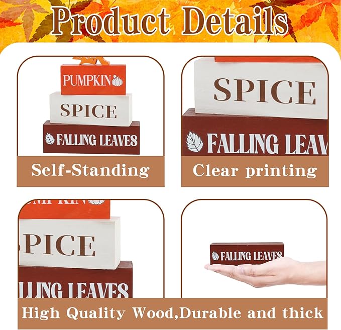 4 Pcs Fall Decor Wooden Table Centerpieces Fall Maple Leaf Block Sign Decorations for Home Wooden Tiered Tray Decor for Tabletop Decor Autumn Harvest Party Home Kitchen