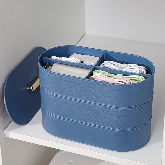 Yesesion Large Cable Organizer Box with Lid, Plastic Cord Management Case with 20pcs Wire Ties, Desk Drawer Tray for Home Office Supplies, Electronics, Chargers, Sticky Notes, Pens, Makeup (Blue)