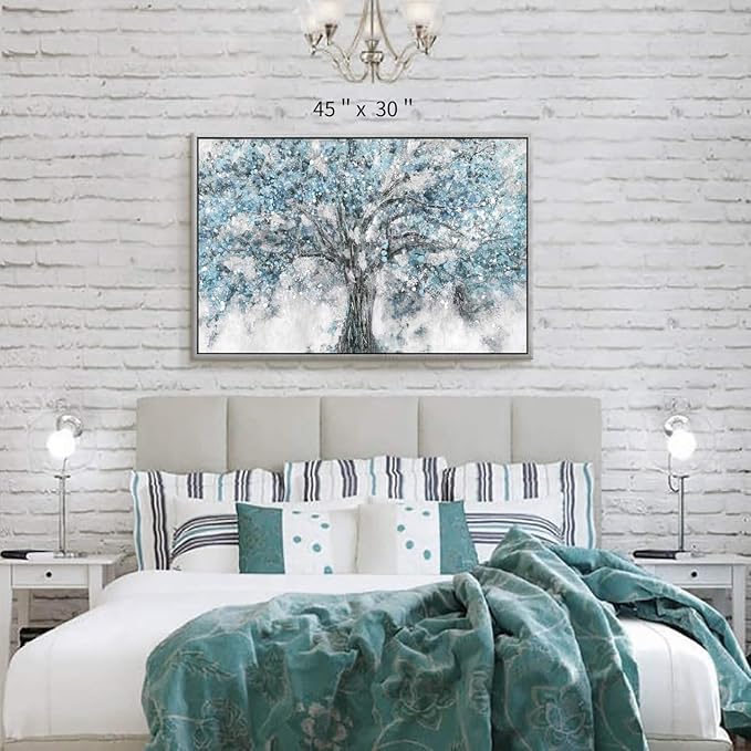 Abstract Tree Canvas Wall Art: Hand Painted Blue Tree Picture Painting Print Framed Art for Bedroom (45”X30”)
