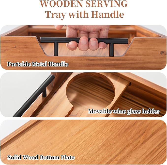 Serving Tray with Handles, 17"x12" Wooden Tray with Removable Wine Glass Holder Ottoman Tray Wood Serving Trays with Metal Handles for Breakfast, Dinner, Coffee Table, Food Drinks