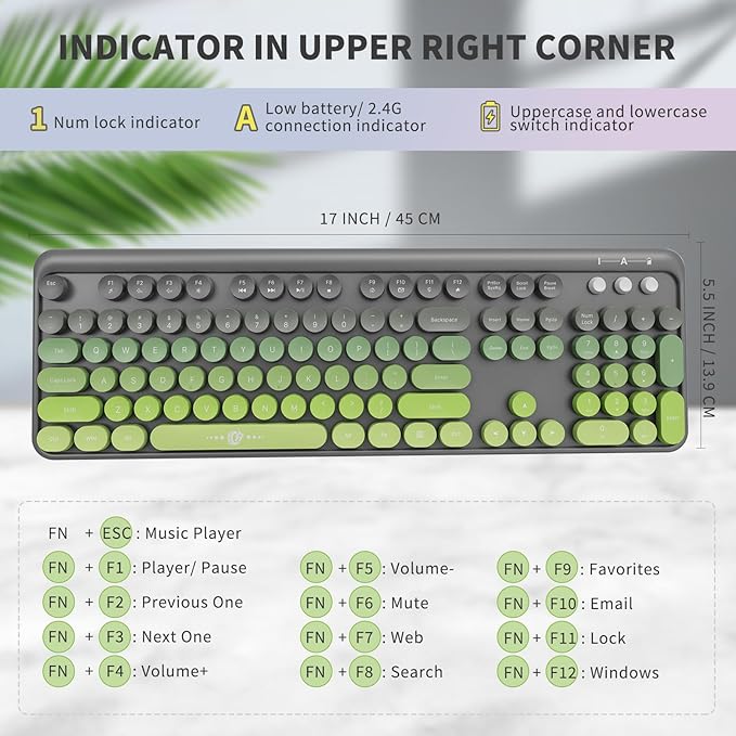 FD Wireless Keyboard and Mouse Combo | Cute Colorful Keyboard and Mouse with 2.4GHz Cordless Retro Typewriter Keyboard | Auto-Sleep | USB Receiver for Windows PC/Laptop - Grey Green Gradient