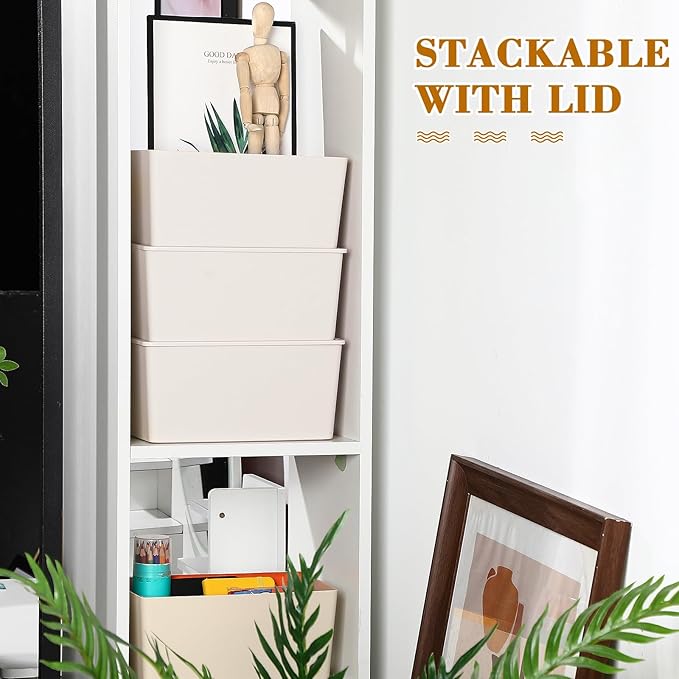 Menkxi 4 Pcs Storage Bins with Lids Plastic Containers Stackable Storage Box Baskets for Organizing Shelves(Beige, Small)