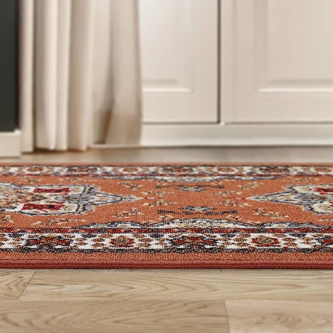 Antep Rugs Alfombras Oriental Traditional 2x10 Non-Skid (Non-Slip) Low Profile Pile Rubber Backing Indoor Runner Rugs (Rust Brown, 2' x 10')