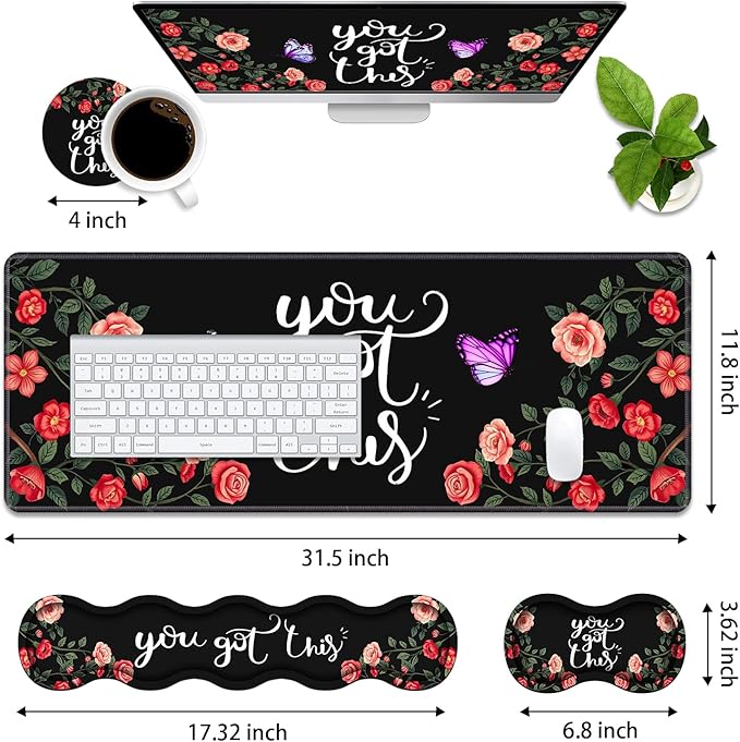 4 in 1 Ergonomic Memory Foam Mouse Pad Wrist Rest Set, Large XXL Gaming Desk Pad + Keyboard Wrist Rest + Mouse Wrist Cushion + Coaster for Home Office Study Gaming, You Got This Inspirational Quote