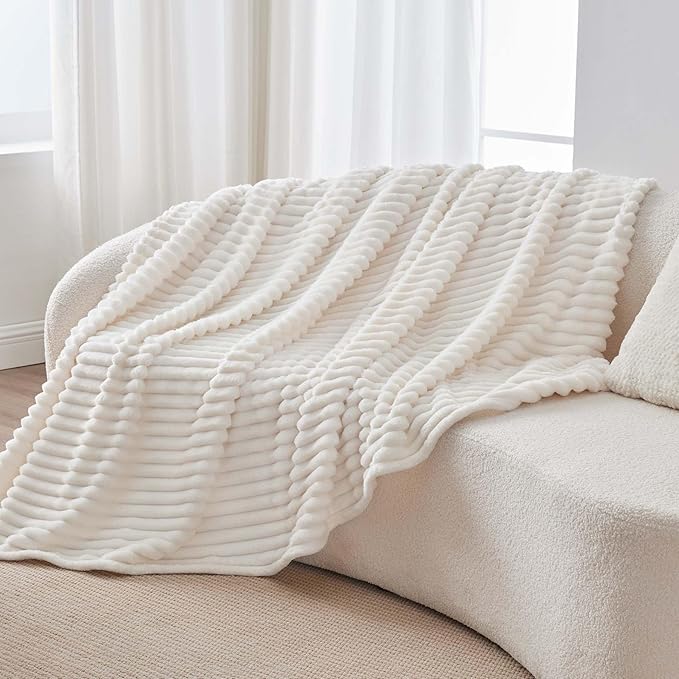 BEDELITE Fleece Throw Blanket for Couch - 300GSM Soft & Warm Fluffy Cream Blanket, Decorative and Giftable Striped Blankets for Women, Men, 50"x70"