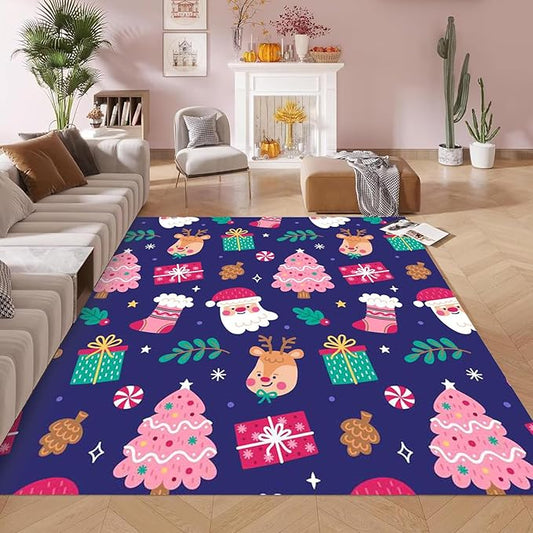 kxry Area Rugs 4X6 Feet, Christmas Soft Machine Washable Area Rugs Xmas Santa Claus Reindeer Xtmas Tree Non Slip Foldable Floor Carpet for Living Room Bedroom Dining Room Dorms Nursery Rooms Office