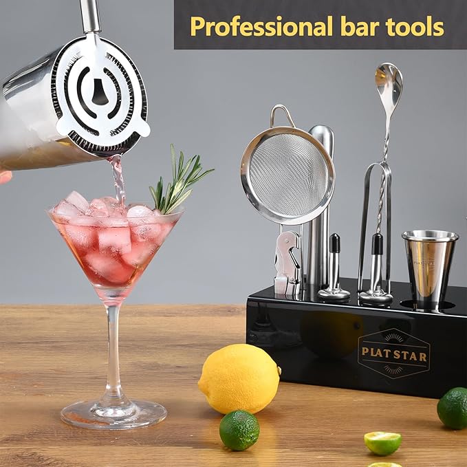 Mixology Bartender Kit | Home Bar Set Cocktail Shakers Bartending Kit | Bar Tools Boston Shaker Set with Stand | Professional Drink Mixing Martini Shaking Tins Barware Set w/Strainer