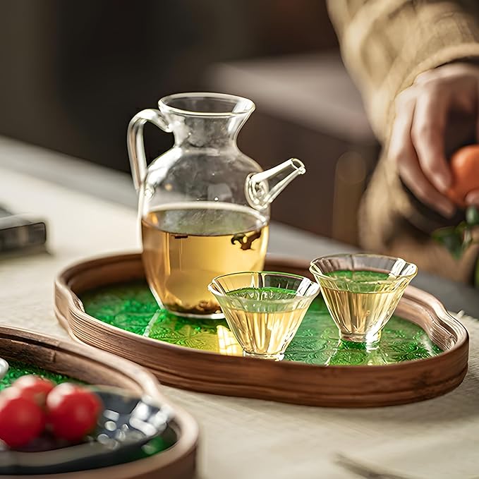 IwaiLoft Glass Serving Tray with The Crabapple Pattern Glass and Walnut for Kitchen Countertop Home Decor for Coffee Table, Also Suitable for Tea Coffee Decorative Trays (Green,14.5" x 10" x 1")