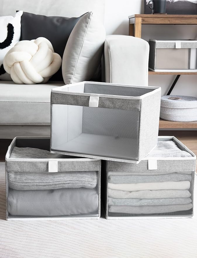 StorageWorks Closet Storage Bins, Large Storage Baskets with Clear Window and Handles, Foldable Fabric Organizer for Clothes, Shelves, Gray, 3 Pack