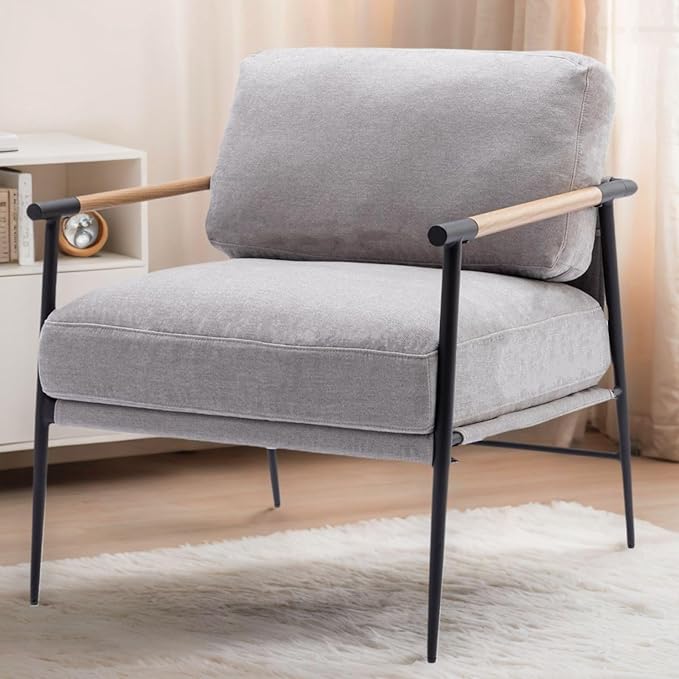 LukeAlon Mid-Century Chenille Accent Chair, Ultra Soft Living Room Chair with Metal Legs Modern Armchair Lounge Chair Upholstered Comfy Leisure Chair for Bedroom Reception Area Reading Room, Grey
