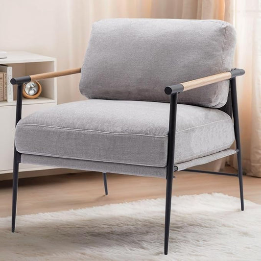 LukeAlon Mid-Century Chenille Accent Chair, Ultra Soft Living Room Chair with Metal Legs Modern Armchair Lounge Chair Upholstered Comfy Leisure Chair for Bedroom Reception Area Reading Room, Grey