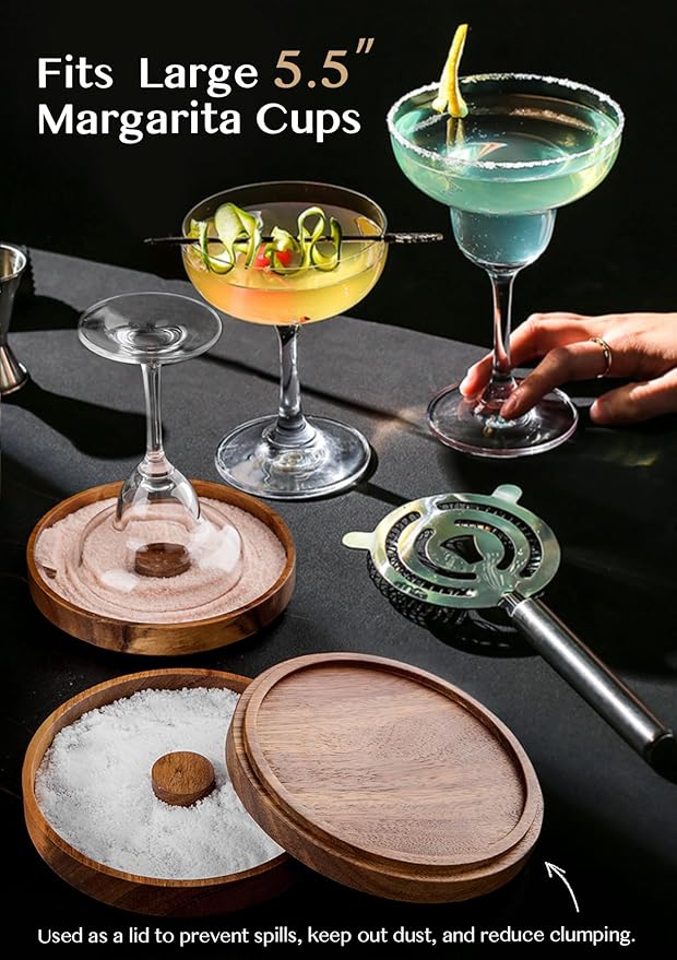 Nucookery 3-Tier Wood Bar Glass Rimmer, 5.6" Margarita Salt Rimmer Set, Sugar and Salt Rimmer Tray for Juice Cocktails, Bartender Bar Party Tool, Drinks Bar Accessories Box for Home Bar (Acacia Wood)