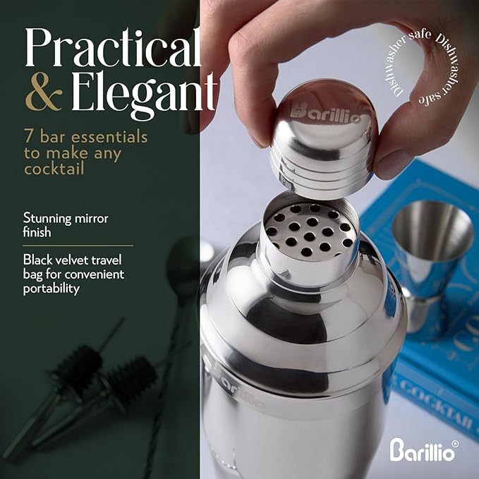 Barillio Mixology Bartender Kit - 8 pcs Stainless Steel Travel Cocktail Shaker Set with Bag - Bar Tools Set with Martini Shaker, Drink Mixer Spoon & Mojito Muddler for Cocktails, Pourers & Jigger