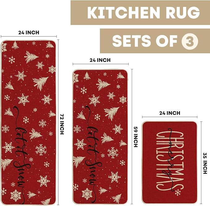 Artoid Mode Xmas Trees Snowflake Let It Snow Merry Christmas Kitchen Mats Set of 2, Winter Decor Low-Profile Kitchen Rugs - 24"x36"+24"x59"+24"x72"