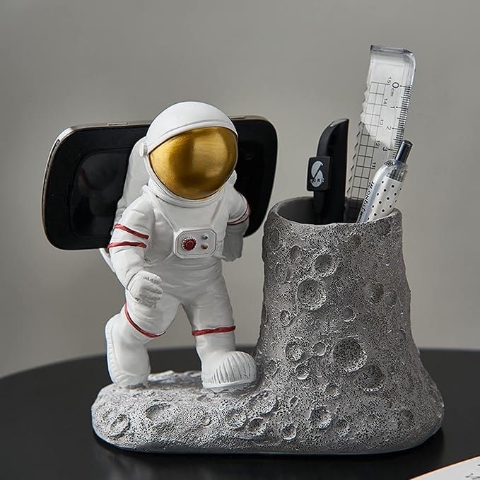 BUTILIVEEN Astronaut Pen Pencil Holder with Phone Stand, Resin Spaceman Pen Container Cell Phone Stand for home Office Desktop Decoration, Gifts for Space Lovers, Gifts for Christmas
