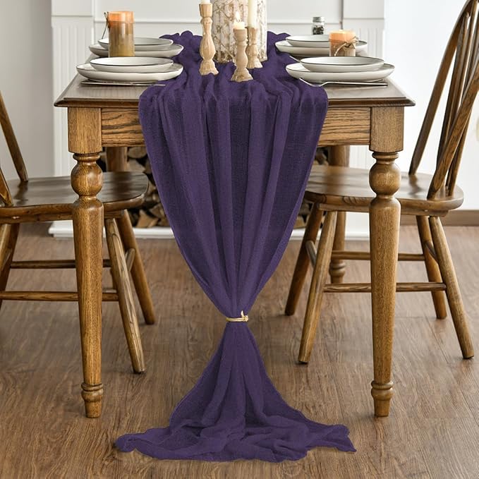 Artoid Mode Boho Cheesecloth Gauze Purple Wedding Table Runner, 120 Inch Seasonal Christmas Winter Fabric Kitchen Dining Holiday Table Decor for Home Party Indoor