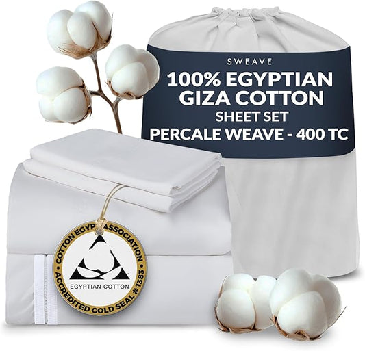 100% Egyptian Cotton Percale Sheets Queen Size - Genuine Luxurious 400 Thread Count - Naturally Crisp, Breathable, Skin-Friendly & Cooling - Softer After Each Wash - Oeko-TEX Certified Giza