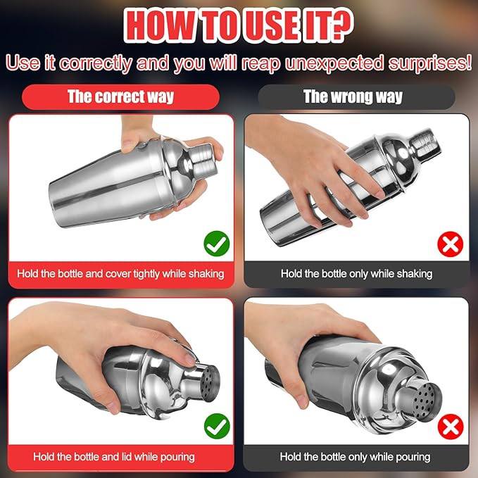 Nitial 6 Pcs Bar Cocktail Shaker Professional Stainless Steel Martini Drink Mixer with Built-in Strainer for Bartending No Leaks Boston Shaker for Bar Party Drink Mixing Tool(11.8 oz,Silver)