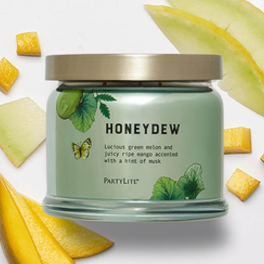 PartyLite Honeydew Scented, Notes of Green Melon, Juicy Ripe Mango and a Hint of Musk, 13.2oz 3-Wick Jar Candle, 45 Hour Burn Time, Luxurious Fragrance, Ideal for Gifting
