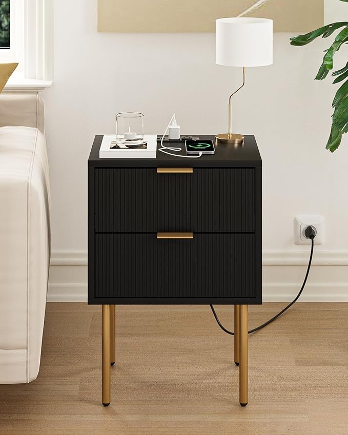 Masupu Nightstand with Charging Station,Mid-Century Modern Bedside Table with 2 Storage Drawer,Small Gold Frame Side End Table for Bedroom,Living Room (Black)