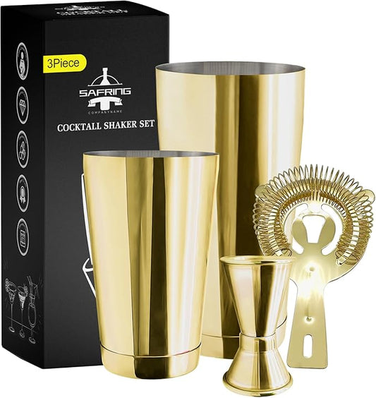 Boston Cocktail Shaker Bar Set, Weighted Boston Shaker Tins, Bartender Kit with 18oz & 28oz Mixed Drink Shaker, Hawthorne Strainer, Double Measuring Jigger - Gold