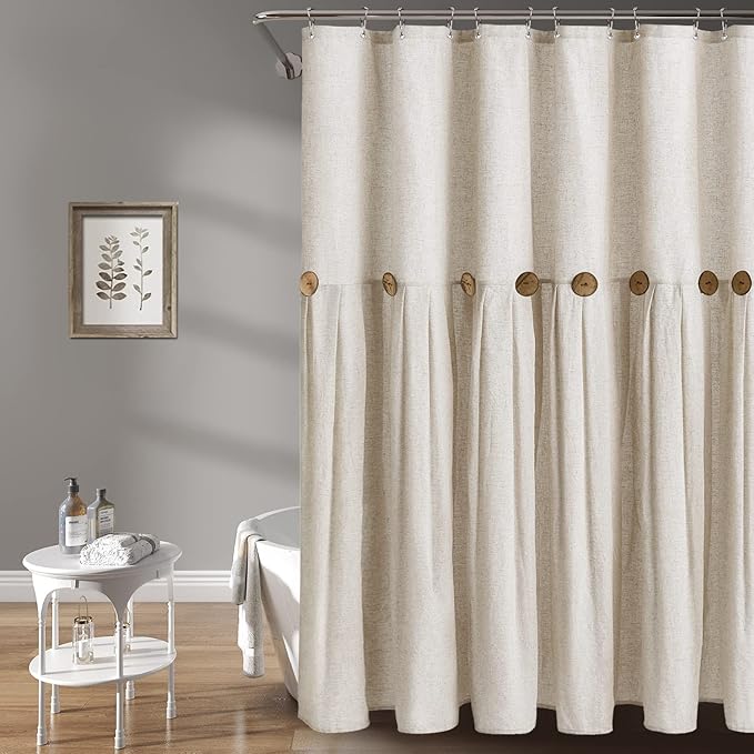 Awellife Farmhouse Cream Shower Curtain Button Linen Textured Woven Fabric,Country Style 72" W x 72" L