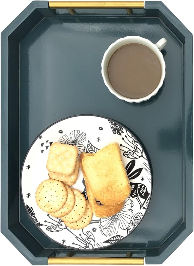 Serving Tray with Polished Metal Handles, Hexagon Coffee Table Tray, Modern Rectangle Decorative Tray, Large Ottoman Tray, Perfect for Storage and Display (Teal Rectangle)