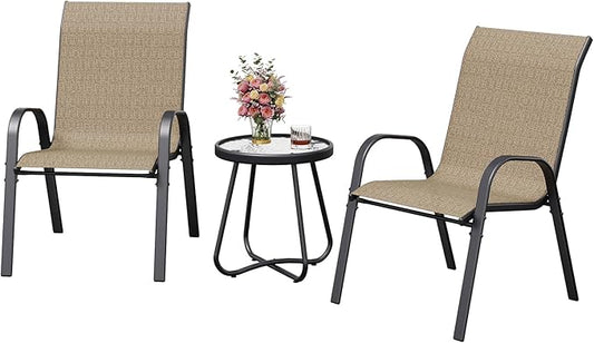 Amopatio 3 Piece Patio Set, Outdoor Stackable Dinging Chairs for All Weather, Breathable Garden Outdoor Furniture for Backyard Deck, Brown
