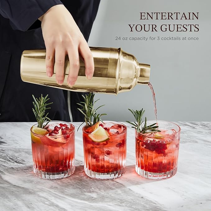 KITESSENSU Cocktail Shaker Set, Stainless Steel Bartending Kit with 25 Ounce Cocktail Shaker with Built in Drink Strainer, Measuring Jigger, Mixing Spoon & Drink Recipe Guide, Gold