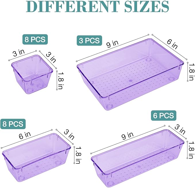 25 PCS Drawer Organizer Set, 4 Varied Size Bathroom and kitchen Drawer cabinet organizer Trays, Clear Storage Bins for Makeup, Jewelry, Utensils and Gadgets， Purple