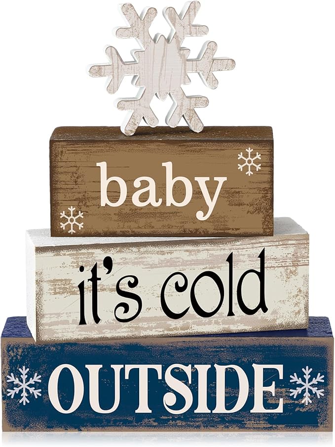 4 Pcs Winter Wooden Tabletop Decor Snowflake Tiered Tray Decor Winter Centerpiece Rustic Snow Block Signs Farmhouse Table Shelf Decoration for Home Office Party