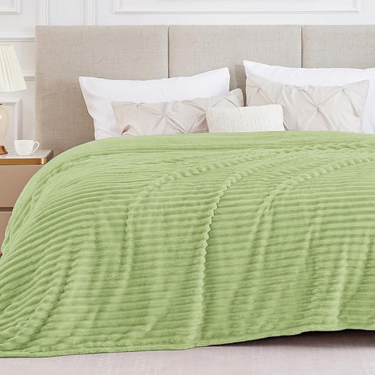 BEDELITE King Size Blanket for Bed, 300GSM Soft & Warm Fleece Blanket, Decorative and Giftable Striped Grass Green Blankets for Women, Men, 108"x90"