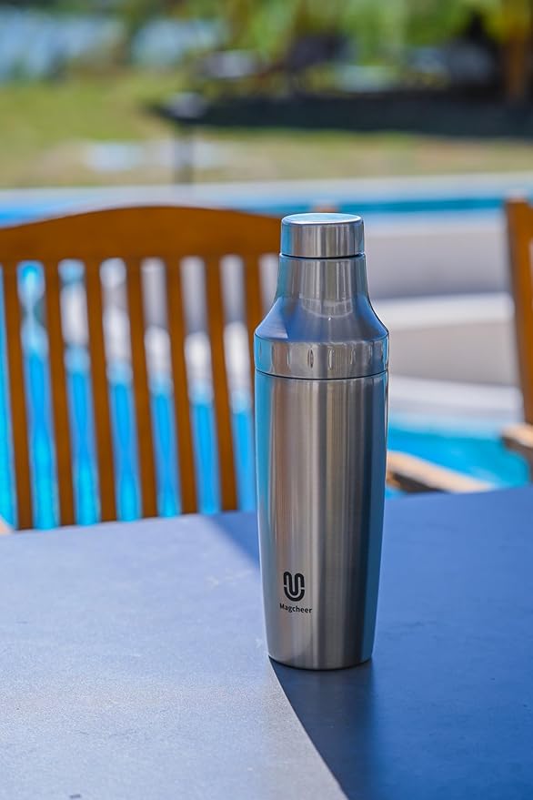 Hybrid Cocktail Shaker Set | Vacuum Insulated Stainless Steel Martini Shaker with Strainer & Jigger Lid | Travel Cocktail kit with Bartender Accessory Tools | 30oz | Silver