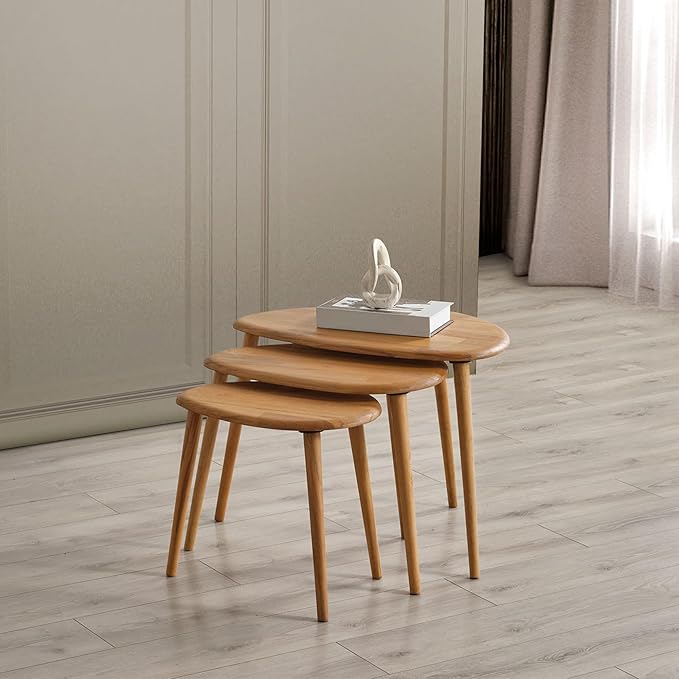 Solid Wood Nesting Coffee Table Set of 3 - Mid Century Modern Pebble Tables with Tapered Legs – Wooden Home Furniture in a Retro Style (Oak)
