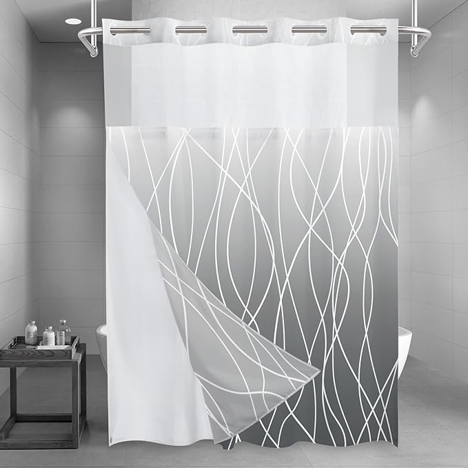 No Hook Ombre Grey Striped Long Shower Curtain with Snap in Liner Set - Hotel Shower Curtain and Liner Set with See Through Mesh Top Window,Machine Washable, 71x86 INCH